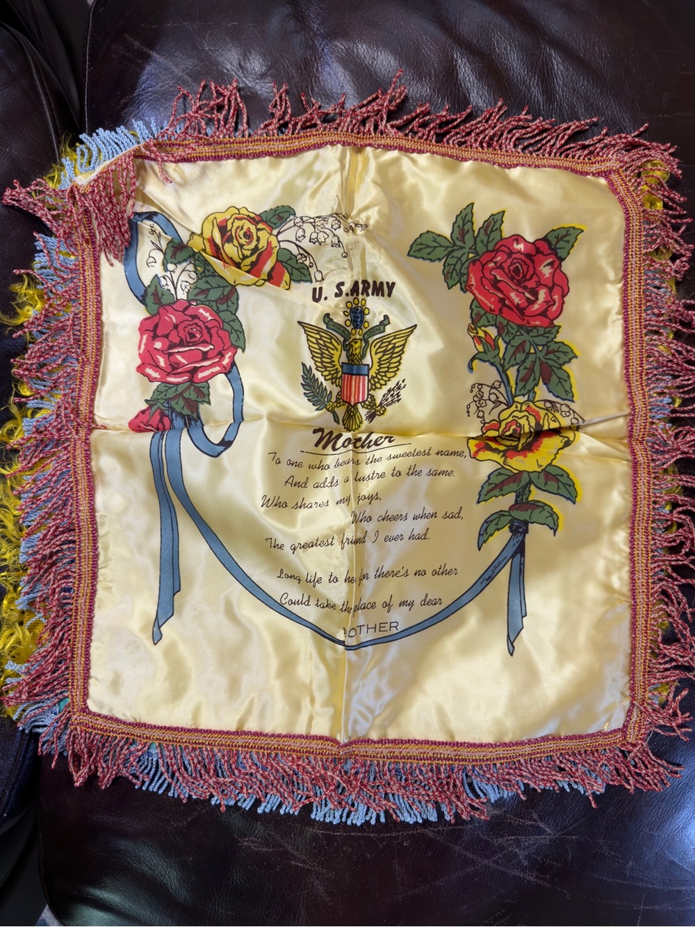 U.S. Army Floral Tribute Pillow Cover - Yellow Satin with Red Roses